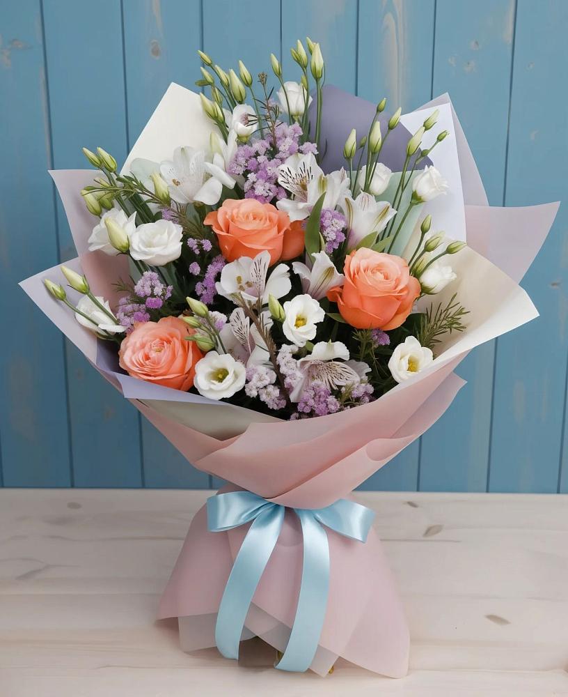 Букет цветов из: Лизиантусы, Розы, Альстромерии и Гипсофила в Добруни