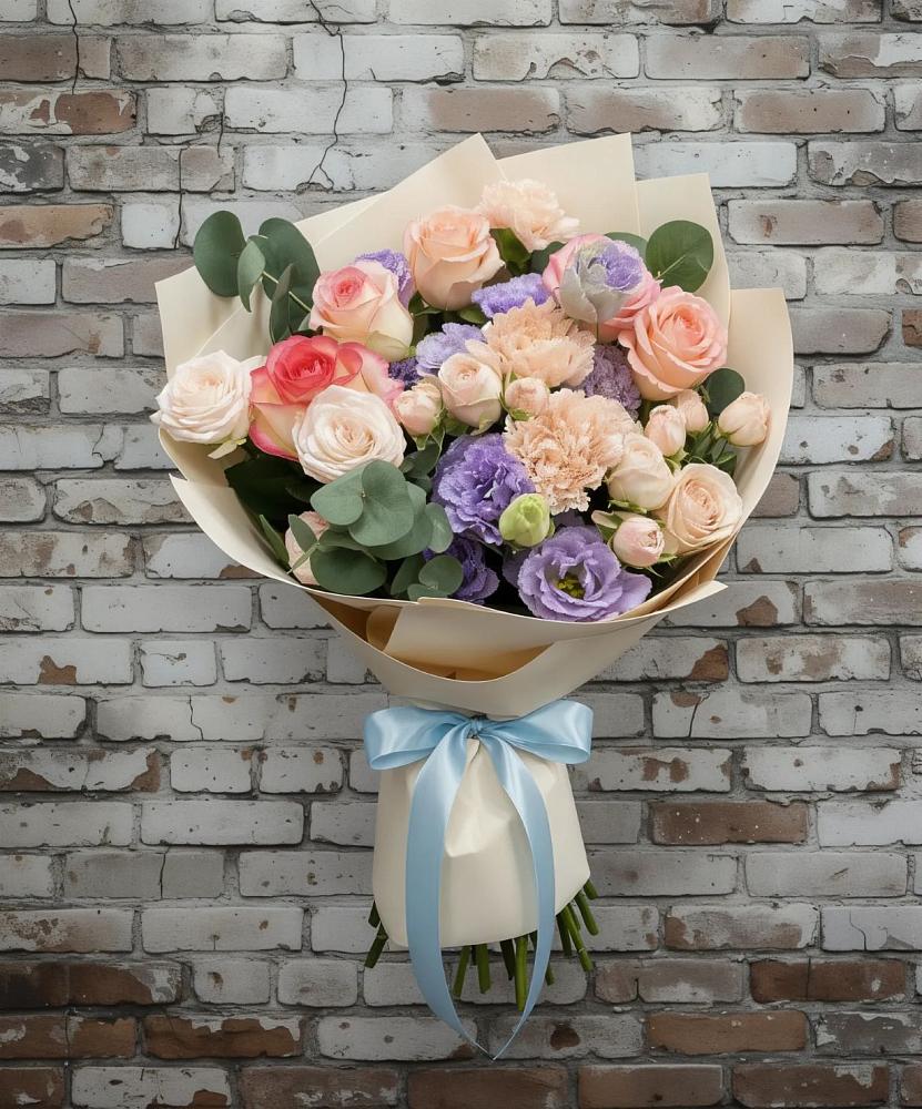 Букет цветов из: Розы, Лизиантусы и Гвоздики в Добруни